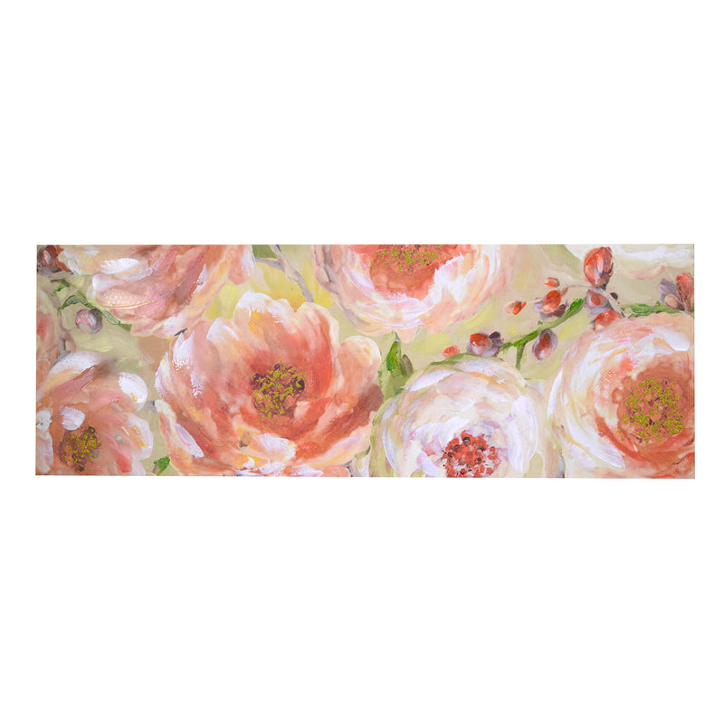 Quadro dipinto fiori rosa verde cm 50x150x3-1