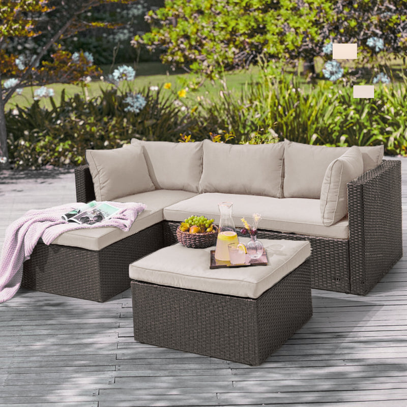 Set Salotto Divano da Giardino con Pouf Contenitore in Polyrattan Beige-3