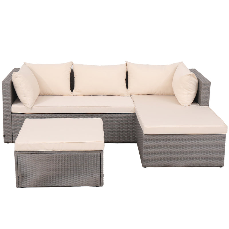 Set Salotto Divano da Giardino con Pouf Contenitore in Polyrattan Beige-1