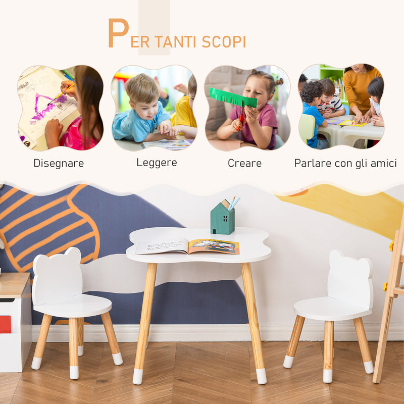 Set Tavolino con 2 Sedie per Bambini a Forma di Orsetto in Legno di Pino e MDF Bianco-4