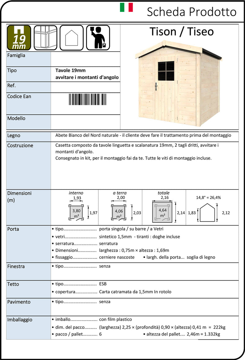 Casetta Box da Giardino per Attrezzi 2,16x2,14m Senza Pavimento in Legno Abete 19mm Tison-2