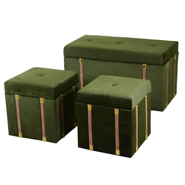 Set Baule e 2 Pouf in MDF e Tessuto Velluto Verde online