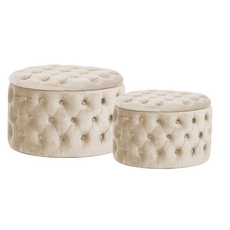 Set 2 Pouf Contenitore Ø50 cm e Ø70 cm in Tessuto Velluto Crema-2