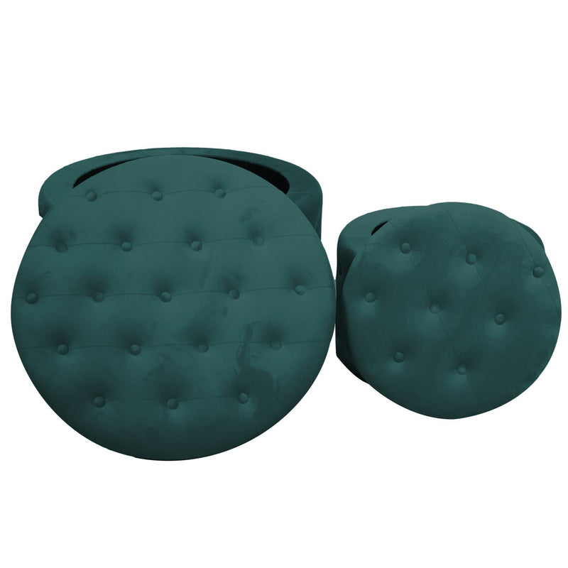 Set 2 Pouf Contenitore Ø50 cm e Ø70 cm in Tessuto Velluto Verde Salvia-4