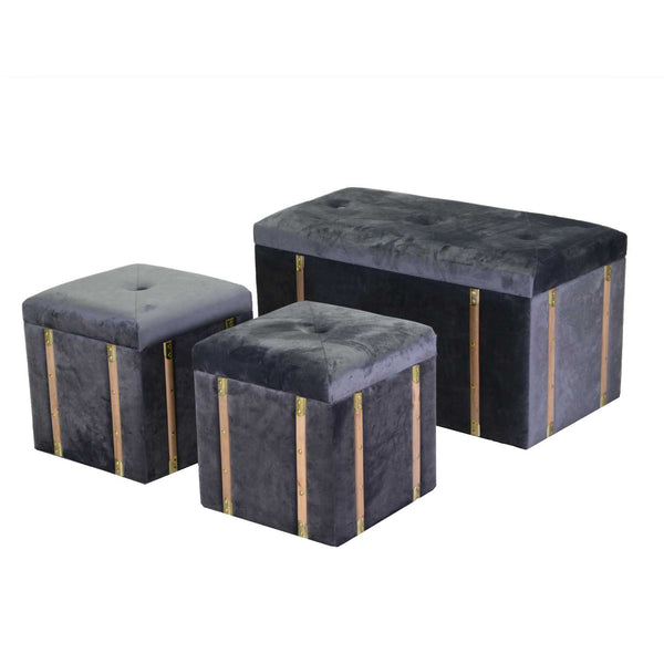 sconto Set Baule e 2 Pouf in MDF e Tessuto Velluto Grigio