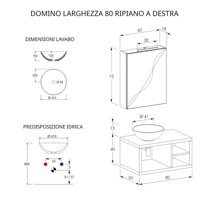 Mobile Bagno Sospeso 80 cm Lavabo e Specchio Bonussi Orione Grigio Effetto Cemento-5