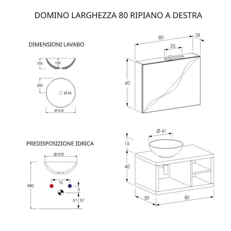 Mobile Bagno Sospeso 80 cm Lavabo e Specchio Bonussi Orione Grigio Effetto Cemento-5