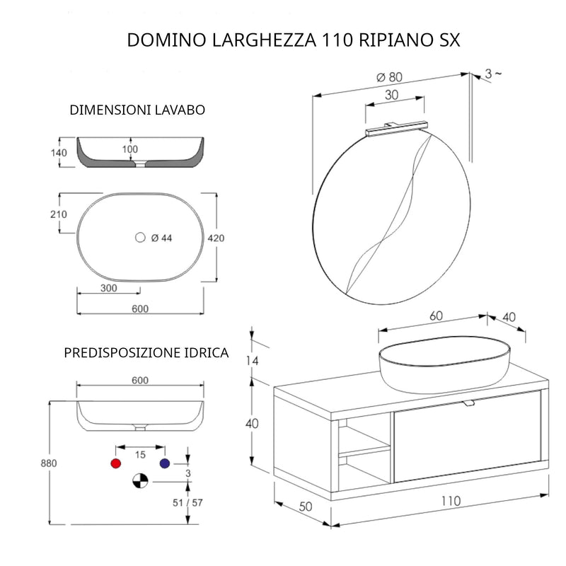 Mobile Bagno Sospeso 110 cm Lavabo e Specchio Bonussi Orione Grigio Effetto Cemento-4