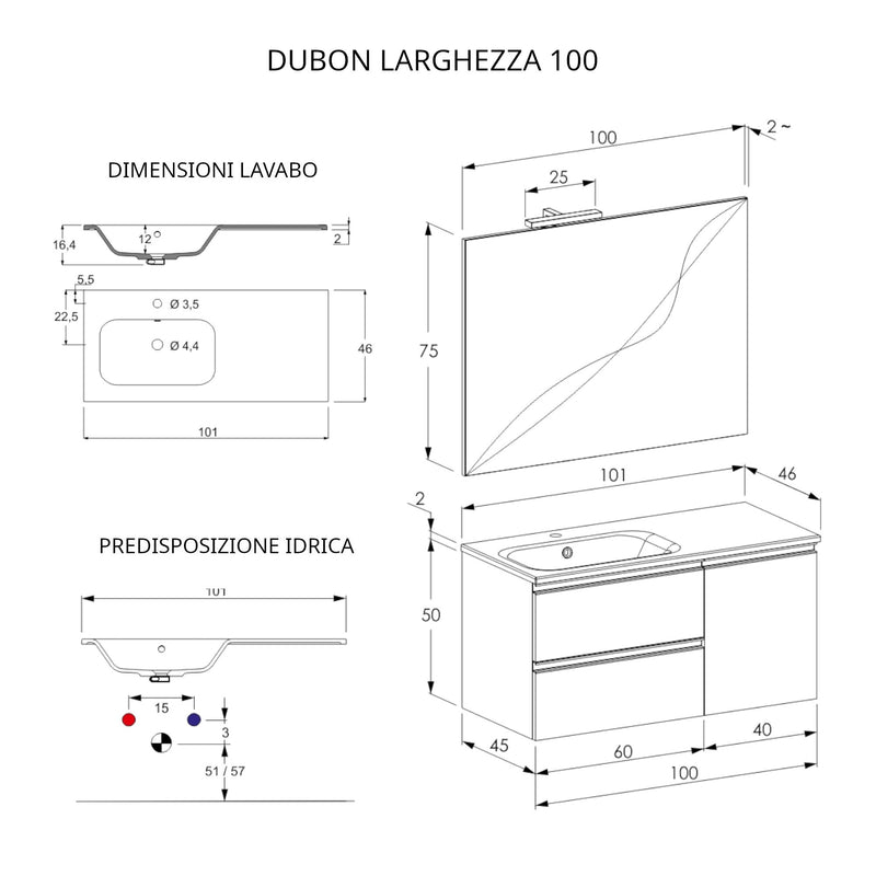 Mobile Bagno Sospeso 100 cm Lavabo e Specchio Bonussi Fenice Grigio-5