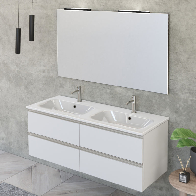 Mobile Bagno Sospeso 120 cm Doppio Lavabo e Specchio Bonussi Fenice Bianco Opaco-2