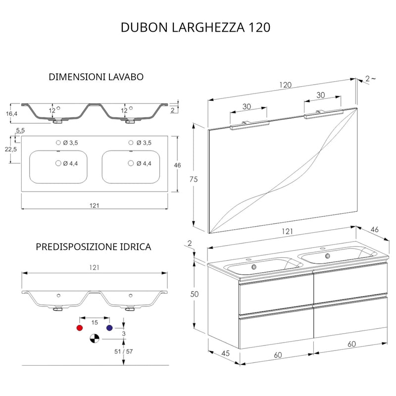 Mobile Bagno Sospeso 120 cm Doppio Lavabo e Specchio Bonussi Fenice Bianco Opaco-4