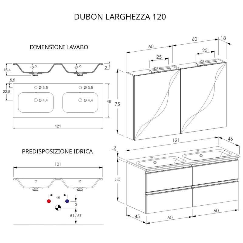 Mobile Bagno Sospeso 120 cm Doppio Lavabo e Specchio Bonussi Fenice Grigio-5