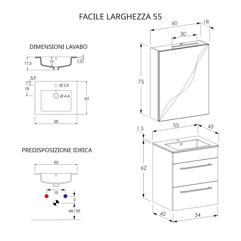 Mobile Bagno Sospeso 55 cm Lavabo e Specchio Bonussi Tucano Olmo Bianco e Lava-5