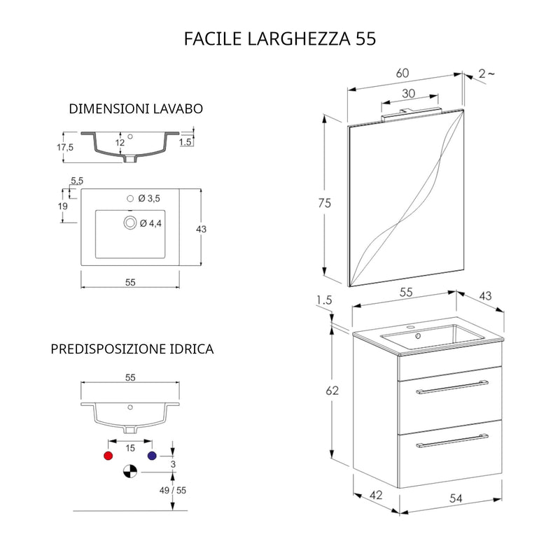 Mobile Bagno Sospeso 55 cm Lavabo e Specchio Bonussi Tucano Olmo Lava-4