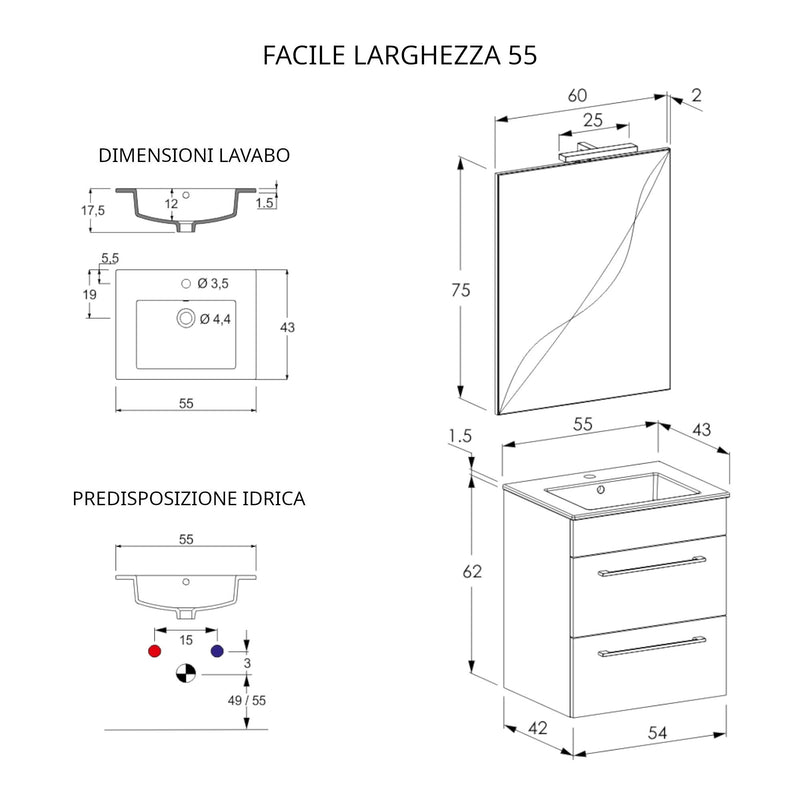 Mobile Bagno Sospeso 55 cm Lavabo e Specchio Bonussi Tucano Grigio Effetto Cemento-4