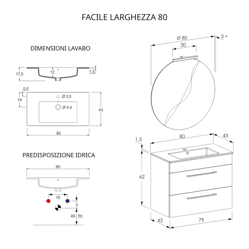 Mobile Bagno Sospeso 80 cm Lavabo e Specchio Bonussi Tucano Cemento Effetto Legno-4