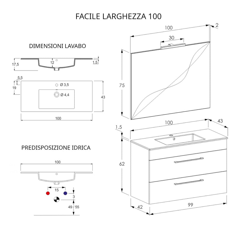 Mobile Bagno Sospeso 100 cm Lavabo e Specchio Bonussi Tucano Cemento Effetto Legno-4