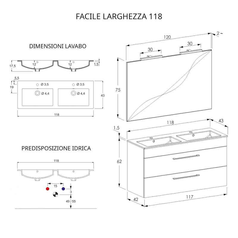 Mobile Bagno Sospeso 118 cm Doppio Lavabo e Specchio Bonussi Tucano Olmo Bianco-4