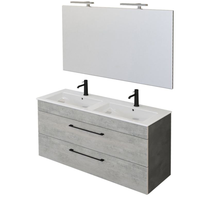 Mobile Bagno Sospeso 118 cm Doppio Lavabo e Specchio Bonussi Tucano Cemento Effetto Legno-1