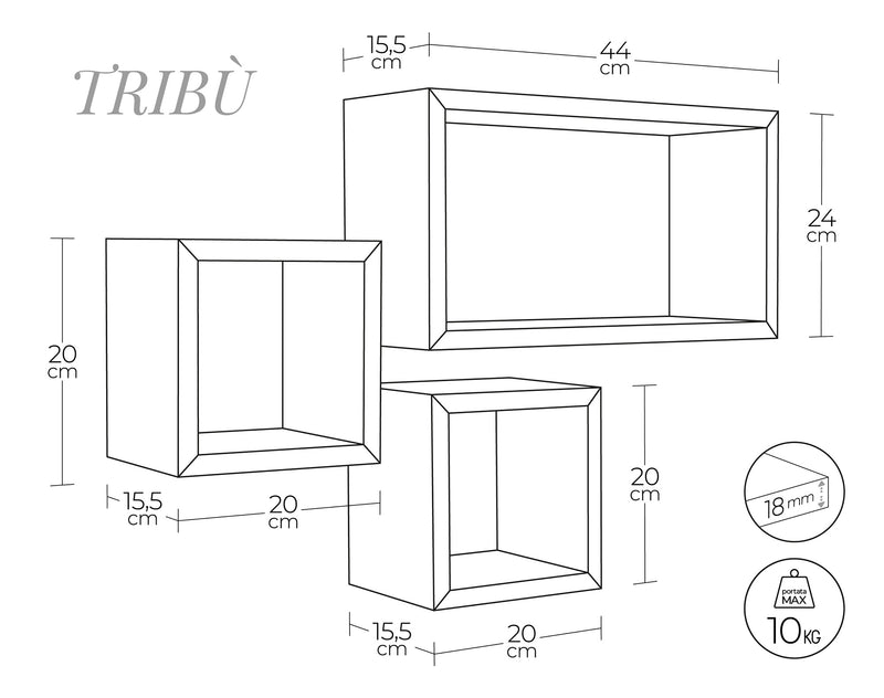 Set 3 Mensole Cubo da Parete Quadrato e Rettangolare in Fibra di Legno Tribù Noce-5