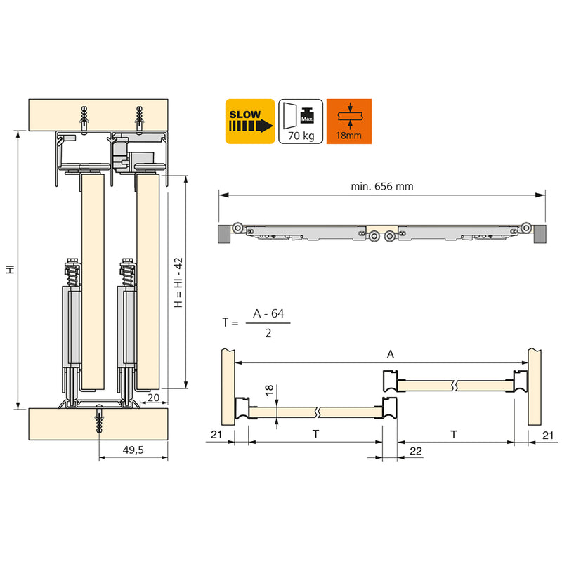 Sistema a Scorrimento Inferiore per Armadio 2 Ante 18 mm con Chiusura Soft Emuca-3