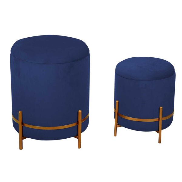 Set 2 Pouf Contenitore Ø35 cm e Ø39 cm in Tessuto Velluto Blu sconto