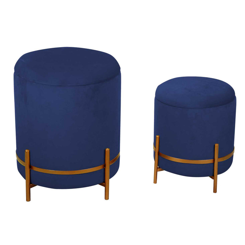 Set 2 Pouf Contenitore Ø35 cm e Ø39 cm in Tessuto Velluto Blu-1