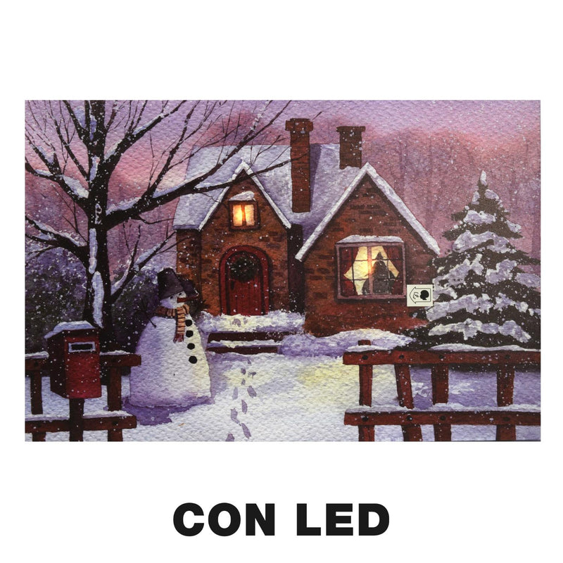 Quadro con led legno casa innevata multicolor rettangolare cm 60x40xh1,8-2