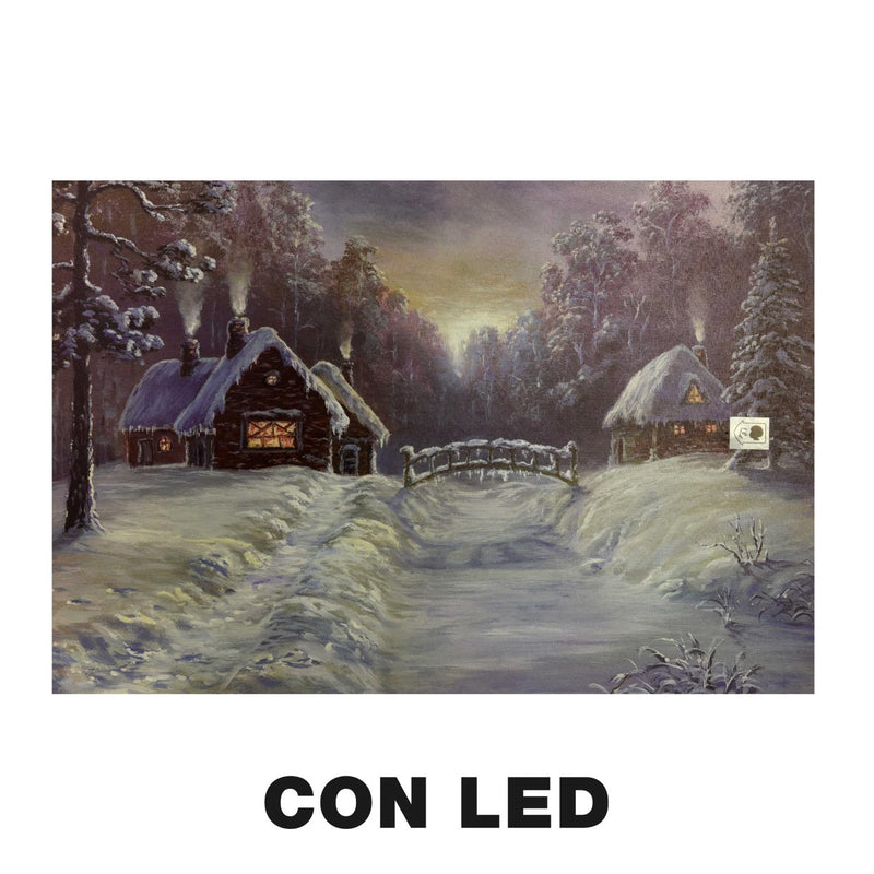 Quadro con led legno case innevate multicolor rettangolare cm 60x40xh1,8-2