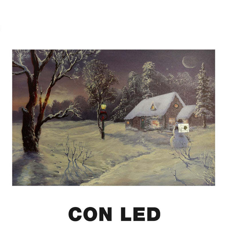 Quadro con led legno casa innevata multicolor rettangolare cm 60x40xh1,8-2