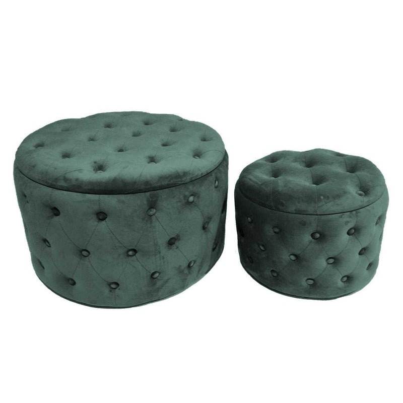 Set 2 Pouf Contenitore Ø50 cm e Ø70 cm in Tessuto Velluto Verde Salvia-1