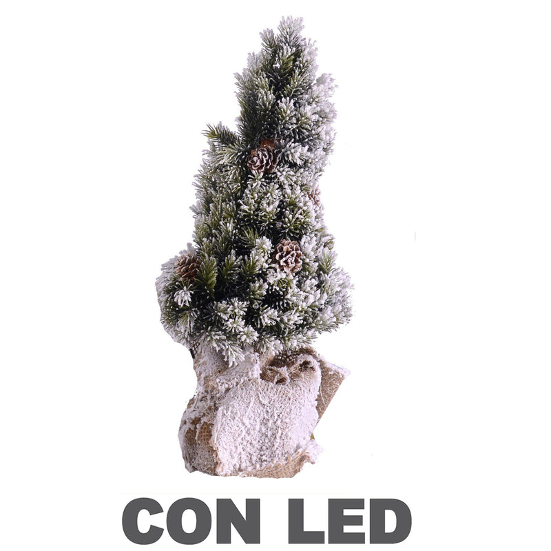 Mini Albero di Natale mottarone verde innevato con Led, pigne e base juta cm h45-1