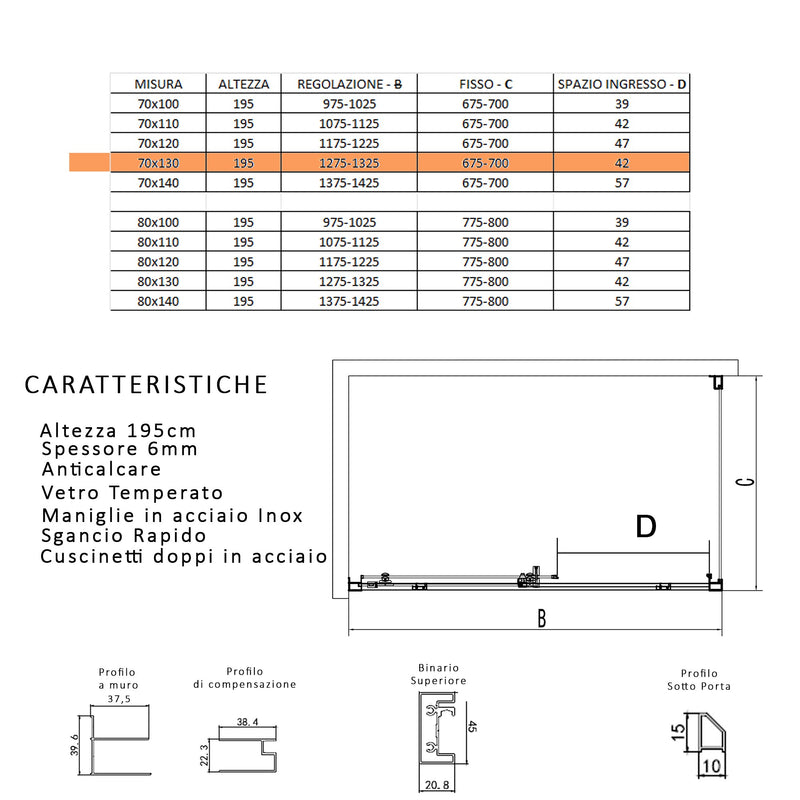 Box Doccia Angolare 70x130 cm 1 Anta Scorrevole in Cristallo Trasparente Bonussi Eliane Varie Misure-9