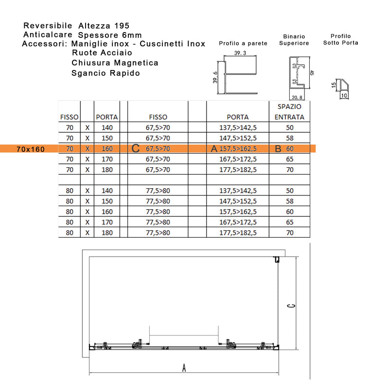 Box Doccia Angolare 70x160 cm 2 Ante Scorrevoli in Cristallo Trasparente Bonussi Eliane Varie Misure-6