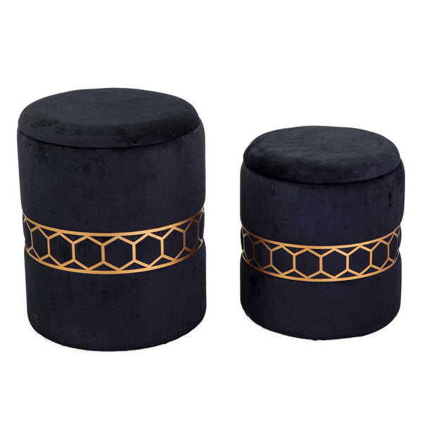 sconto Set 2 Pouf Contenitore Ø35 cm e Ø39 cm in Tessuto Velluto Nero