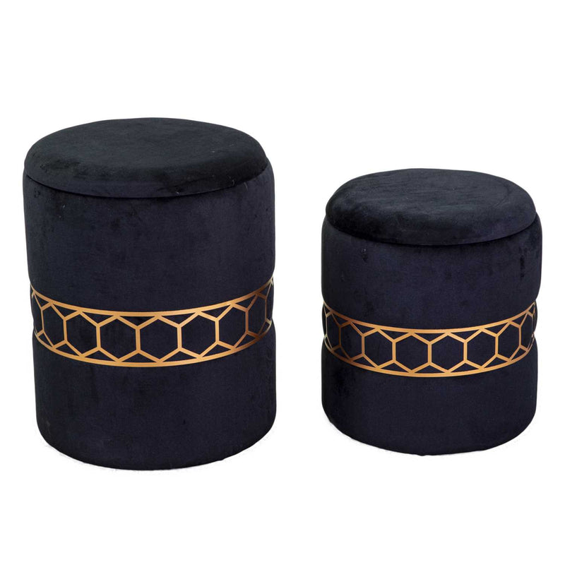 Set 2 Pouf Contenitore Ø35 cm e Ø39 cm in Tessuto Velluto Nero-1