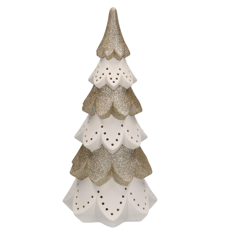 Albero di Natale in ceramica bianco oro con Led cm Ø14xh29-3