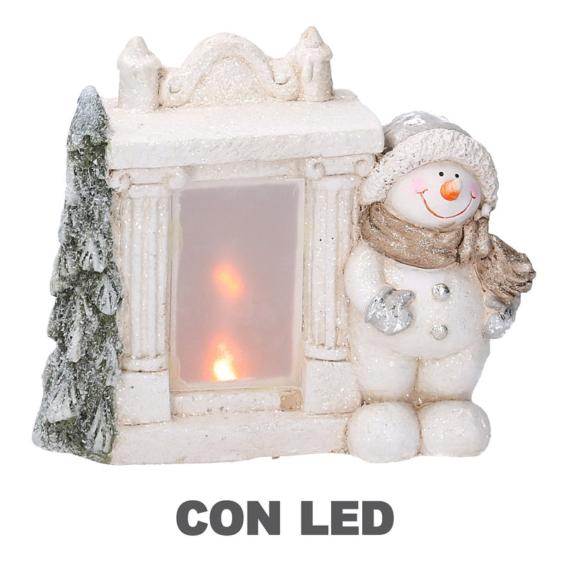 Camino in Resina con Led e pupazzo di neve bianco cm 27x12xh23-1