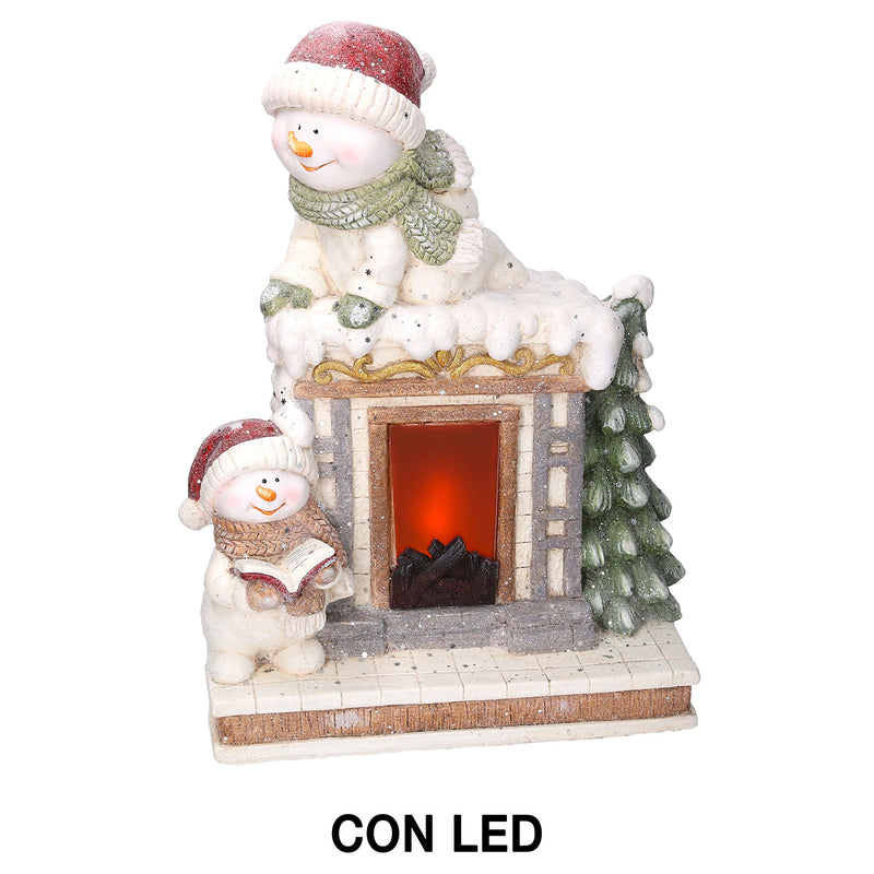 Camino in Resina con Led e pupazzo di neve bianco cm 41x22,5xh52-1