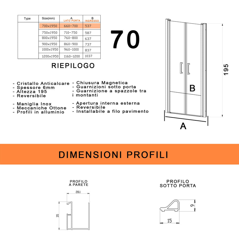 Porta Parete Doccia 2 Ante Saloon in Cristallo Trasparente 6mm H195 Bonussi Julia Varie Misure-8