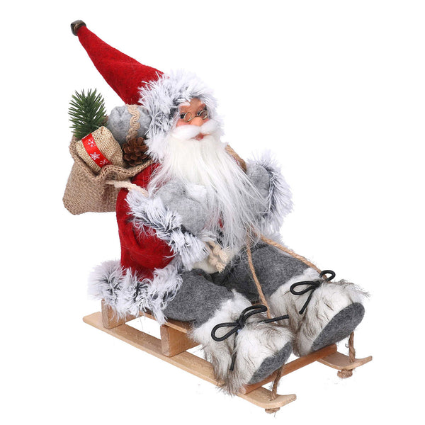 Weihnachtsmannpuppe aus Stoff auf graurotem Schlitten 33x12xh30 cm online