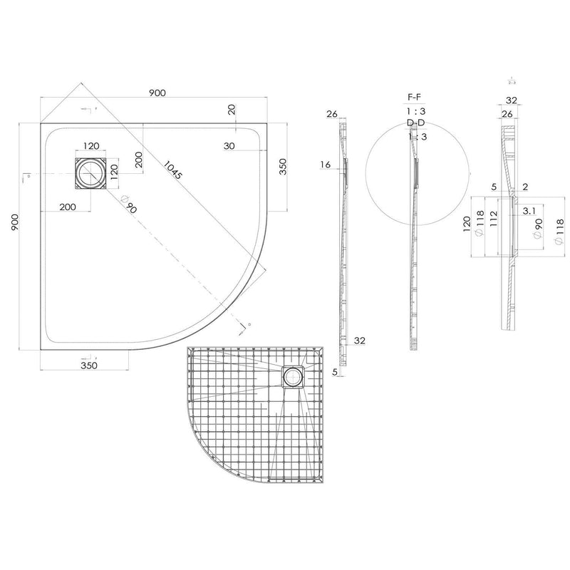 Piatto Doccia Semicircolare 90x90 cm in Acrilico Fosterberg Azalea 4 Bianco-4