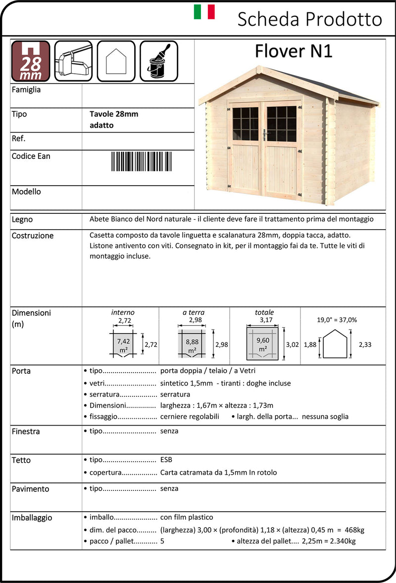 Casetta Box da Giardino per Attrezzi 3,17x3,02m Senza Pavimento in Legno Abete 28mm Flover N1-2