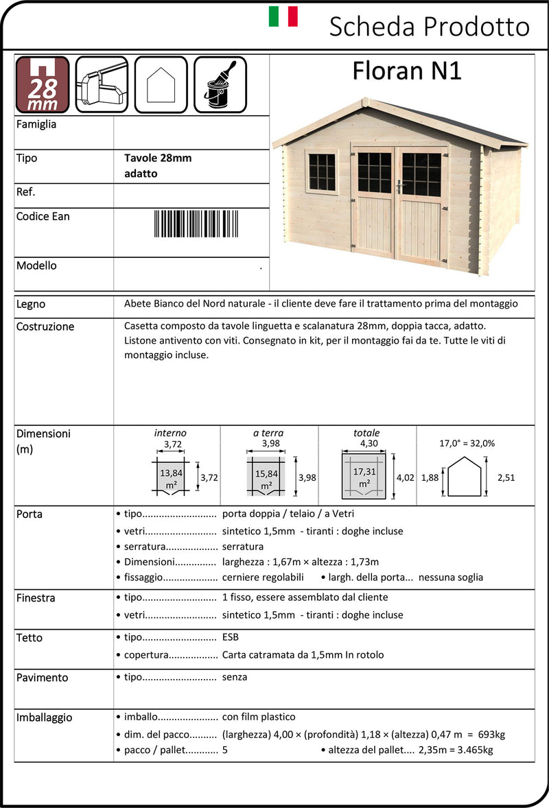 Casetta Box da Giardino per Attrezzi 4,27x4,15m Senza Pavimento in Legno Abete 28mm Floran N1-3