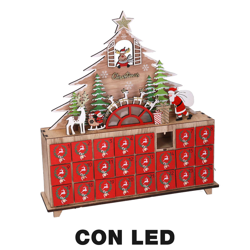 Calendario dell'Avvento in Legno con Led albero rosso cm 31x8xh34,5-1