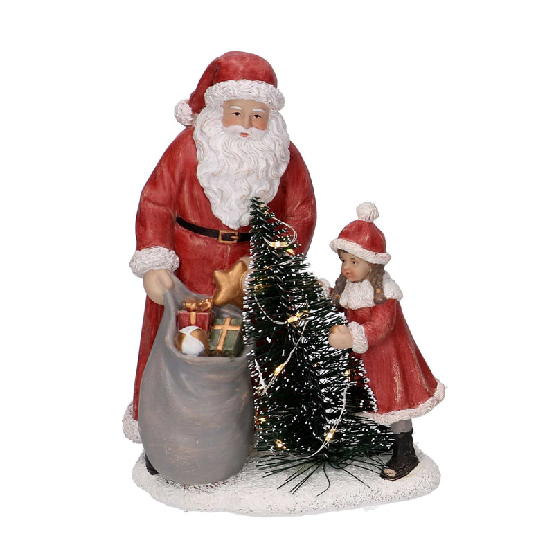 Statua resina babbo natale con bambina rosso con led cm 15x11xh18,5-3