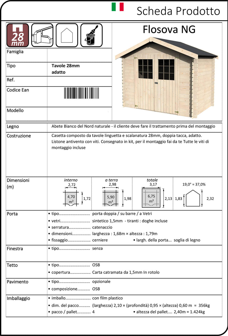 Casetta Box da Giardino per Attrezzi 3,17x2,13m Senza Pavimento in Legno Abete 28mm Flosova NG-2