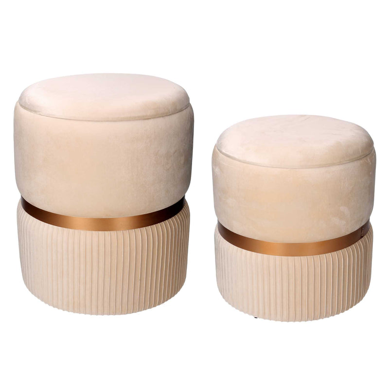 Set 2 Pouf Contenitore Ø35 cm e Ø39 cm in Tessuto Velluto Crema-1