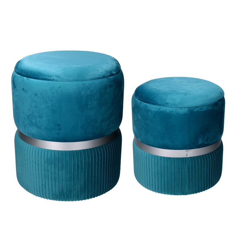 Set 2 Pouf Contenitore Ø35 cm e Ø39 cm in Tessuto Velluto Turchese-1