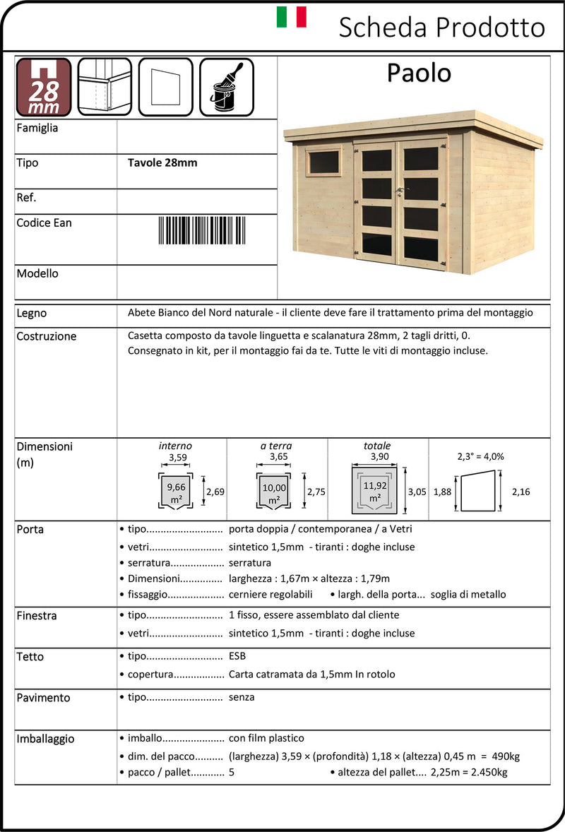 Casetta Box da Giardino per Attrezzi 3,90x3,05m Senza Pavimento in Legno Abete 28mm Paolo-3